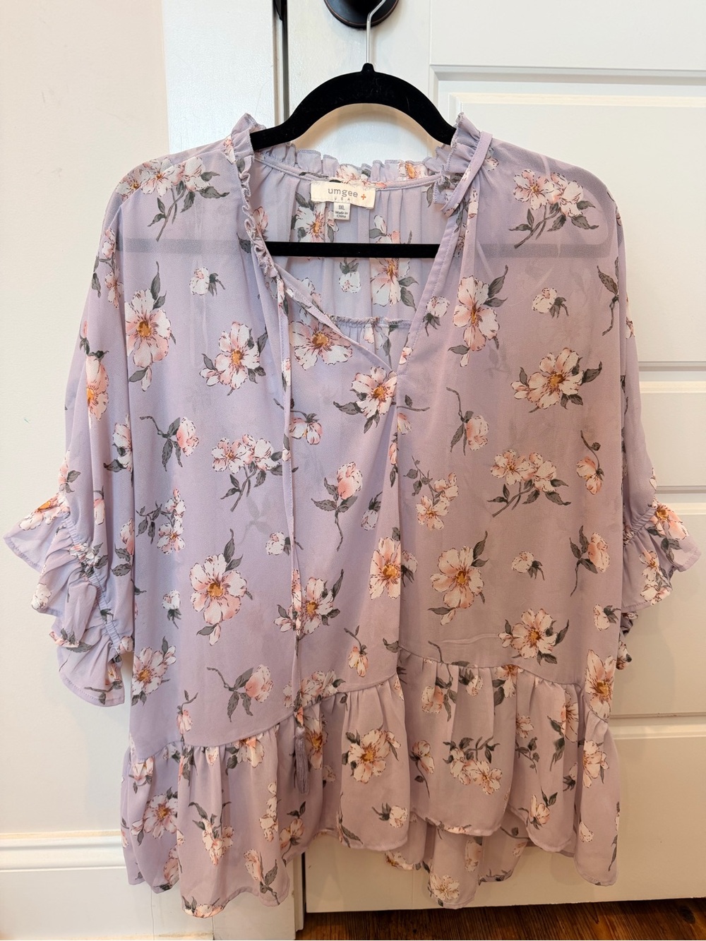 Umgee Lavender Floral Tie-Neck Ruffle Blouse